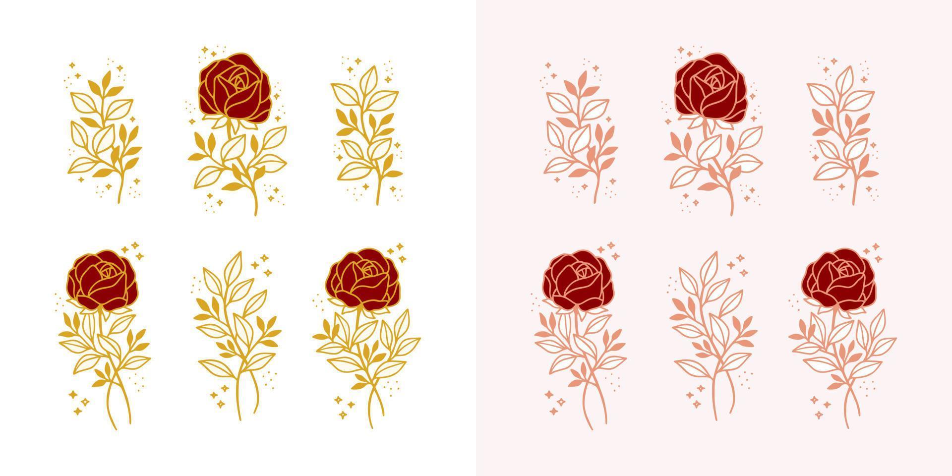 Satz von handgezeichneten Vintage-Pfingstrosen, Rosenblüten und floralen Blattzweiglinien, weiblichen Logoelementen vektor