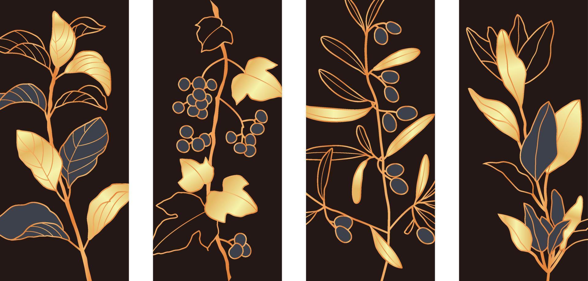 Luxus-Goldtapete schwarzer und goldener Hintergrund moderne Kunstwandtapete dekoratives Blumengras vektor