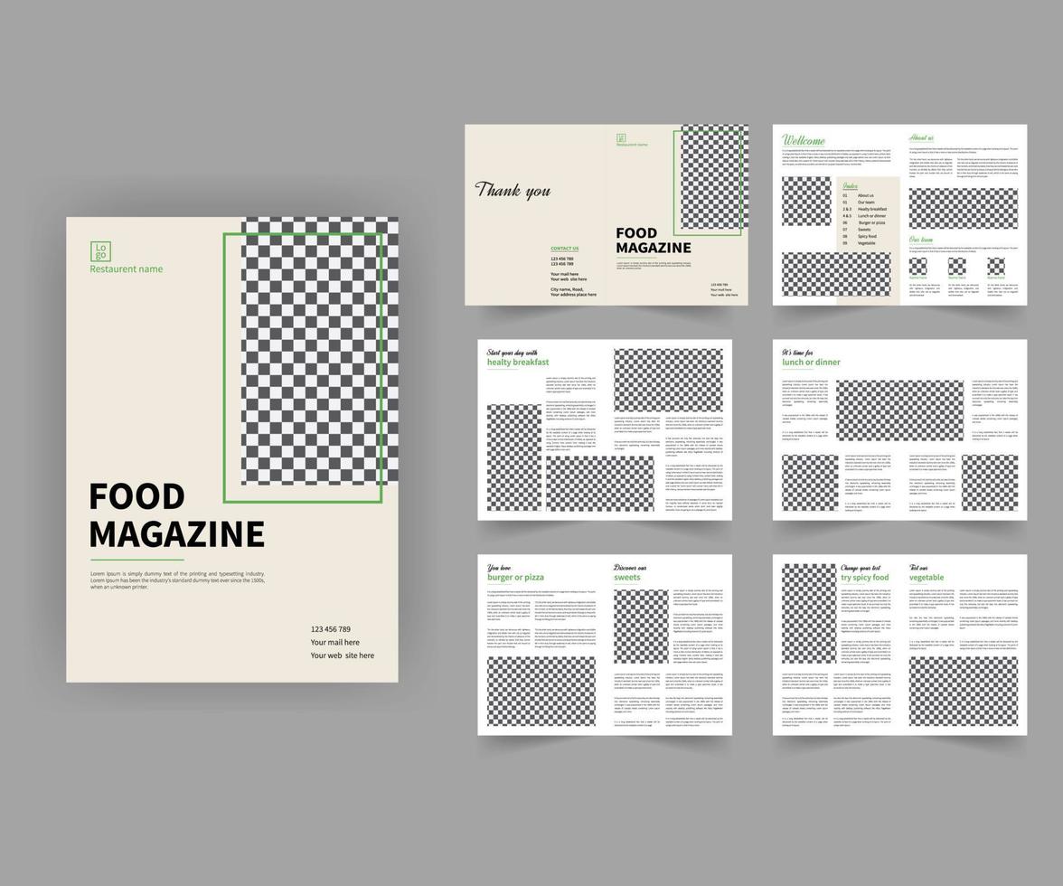 Restaurant-Menü, Food-Magazin, Broschüre, Flyer-Design-Vorlagen im A4-Format. Vektorgrafiken für Marketingmaterial für Lebensmittel und Getränke, Anzeigen, Präsentationsvorlagen für Naturprodukte, Cover-Design. vektor
