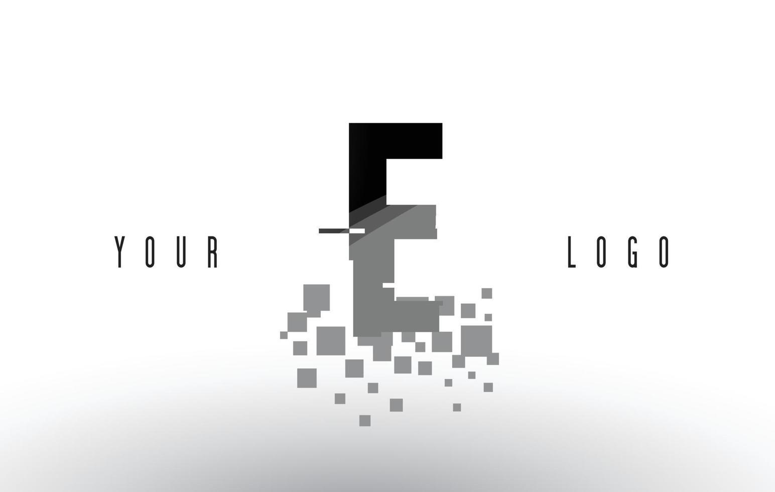 e Pixel-Buchstaben-Logo mit digitalen zerbrochenen schwarzen Quadraten vektor