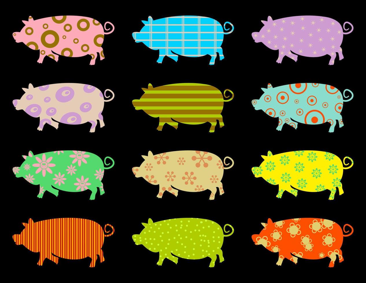 Sammlung von gemusterten Silhouetten-Bauernhofschweinen vektor