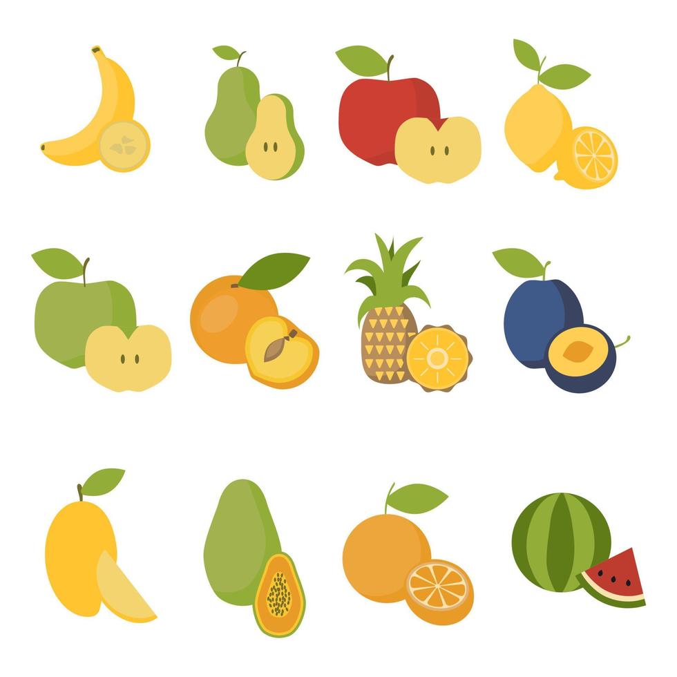 Symbolsatz mit frischen Früchten. Bananen-, Birnen-, Apfel-, Zitronen-, Aprikosen-, Pfirsich-, Ananas-, Mango-, Papaya-, Orangen- und Wassermelonensymbole isoliert vektor