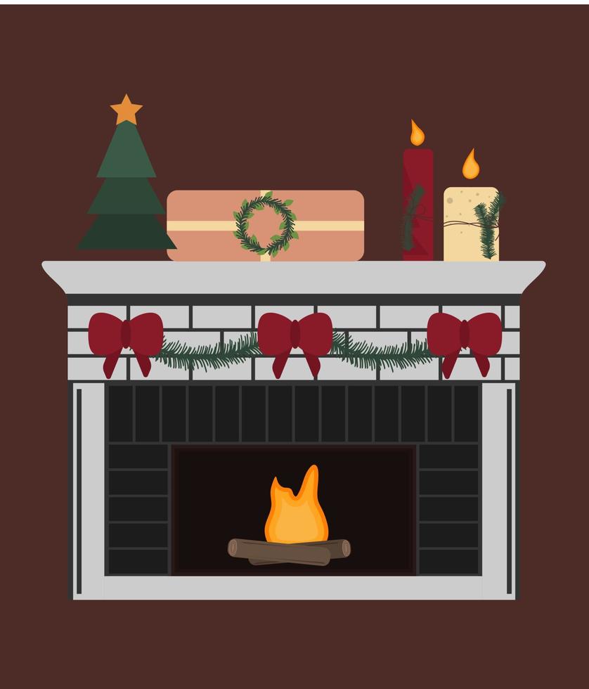 Weihnachtskamin mit Geschenk und Kerzen. Innendekoration mit roter Schleife. vektor