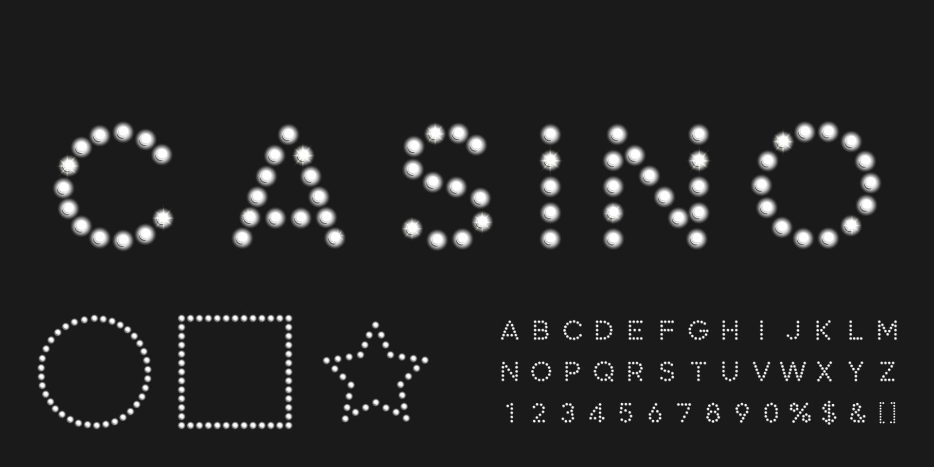 Weiß leuchtendes Festzelt-Alphabet mit Zahlen und warmem Licht. Vintage beleuchtete Buchstaben für Textlogo oder Verkaufsbanner vektor