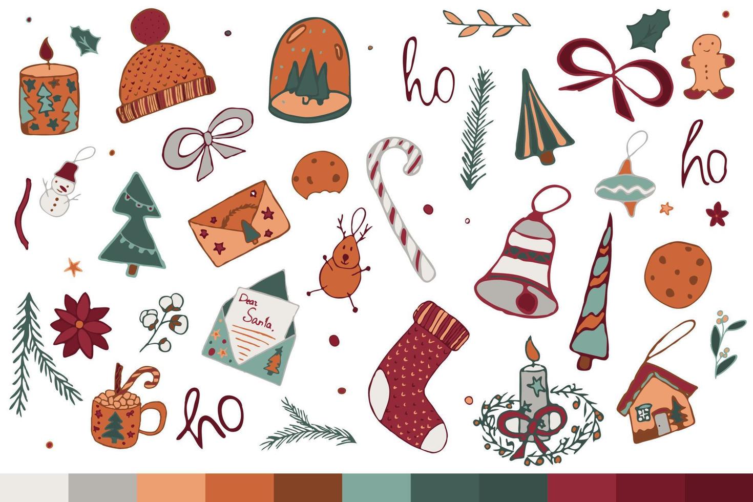 set med julgrafiska element för designkort och inbjudningar. hatt med strumpa, ljus och brev till tomten för perfekt fest. vektor