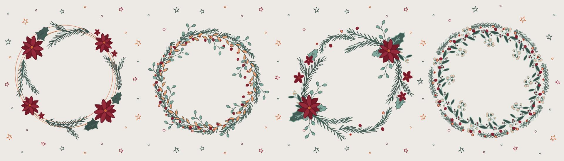 4er Set Weihnachtskranz Dekoration. Grußkarte botanische Girlande. Hochzeitseinladungsschablonengrafikdesignillustration. vektor