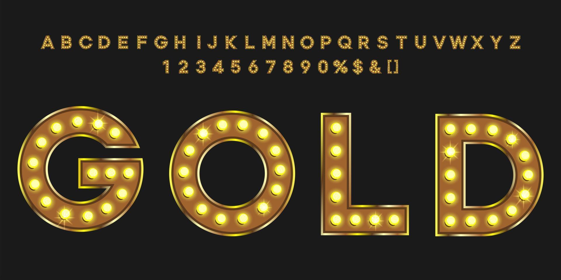 guld vintage text med alfabet och siffror. neon bokstäver typsnitt för retro fest eller event skylt. vektor