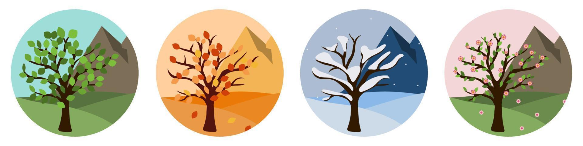 Kreisikonen mit Baum für Konzeptvektor mit vier Jahreszeiten. Grafikdesign Illustration der Änderungszeit im Laufe des Jahres. wilde Naturumgebung zum Campen, Skifahren. vektor