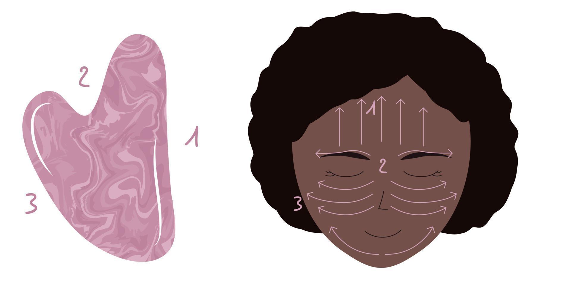 yound svart kvinna ansikte med massage riktningar. instruktion hur man gör ansiktsmassage med rosékvartsguasha. vektor