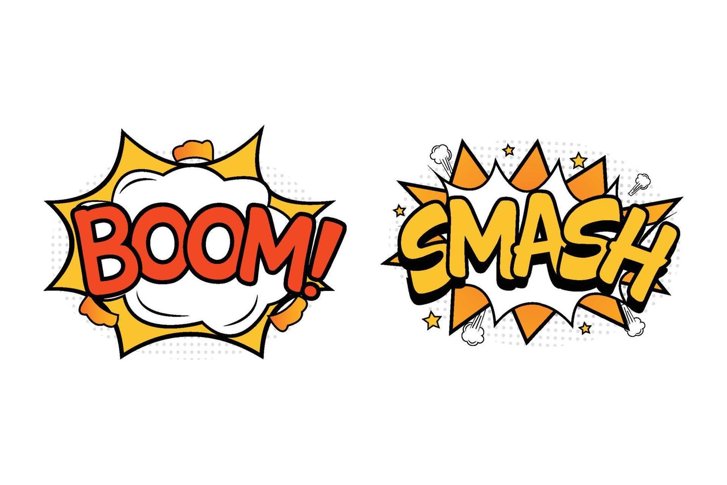 Boom Comic-Explosion mit roter, weißer und gelber Farbe. zerschmettern Sie die Comic-Explosion mit gelber und weißer Farbe. Comic-Burst mit buntem Boom und Smash. Boom-Explosionsblasen für Cartoon-Reden. vektor