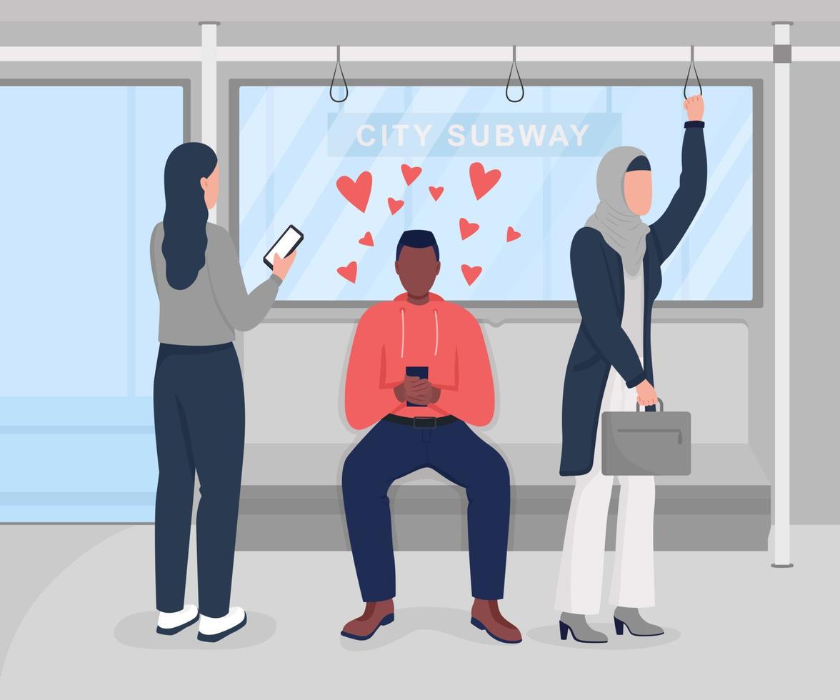 Verwenden der Dating-App in der flachen Farbvektorillustration der Stadt-U-Bahn vektor