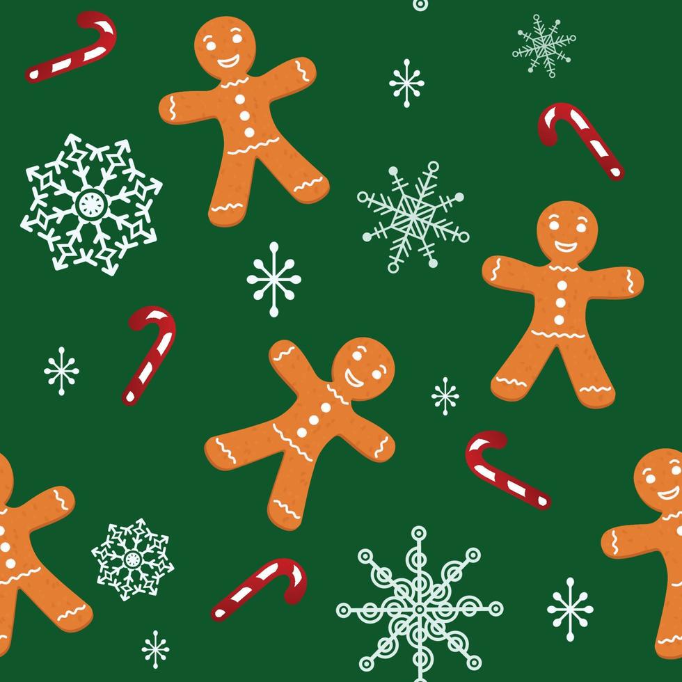 sött mönster med pepparkaksgubbe, vit glasyr. snöflingor, godis, snö på grön bakgrund. jul leende kaka. vektor illustration