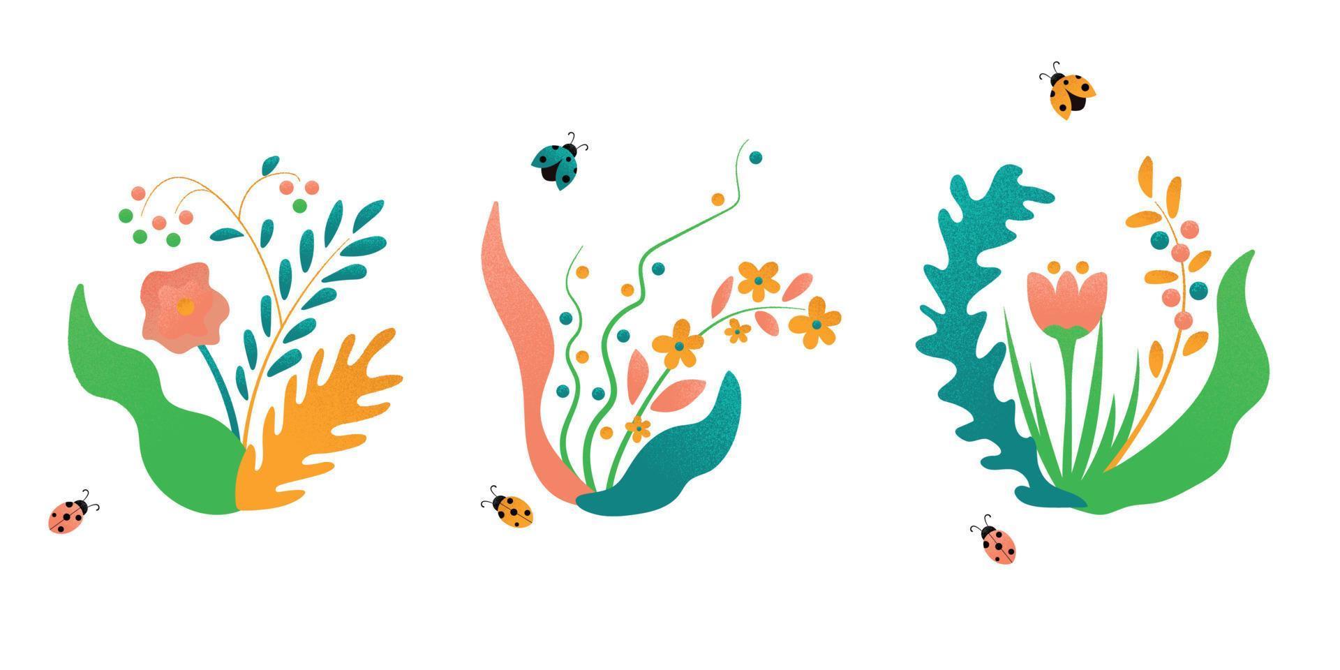 uppsättning abstrakta ljusa vårblommor med kvistar, insekter och löv. korn effekt, hand rita platta element. tecknad doodle stil vektorillustration. tropisk design med partikelstruktur vektor