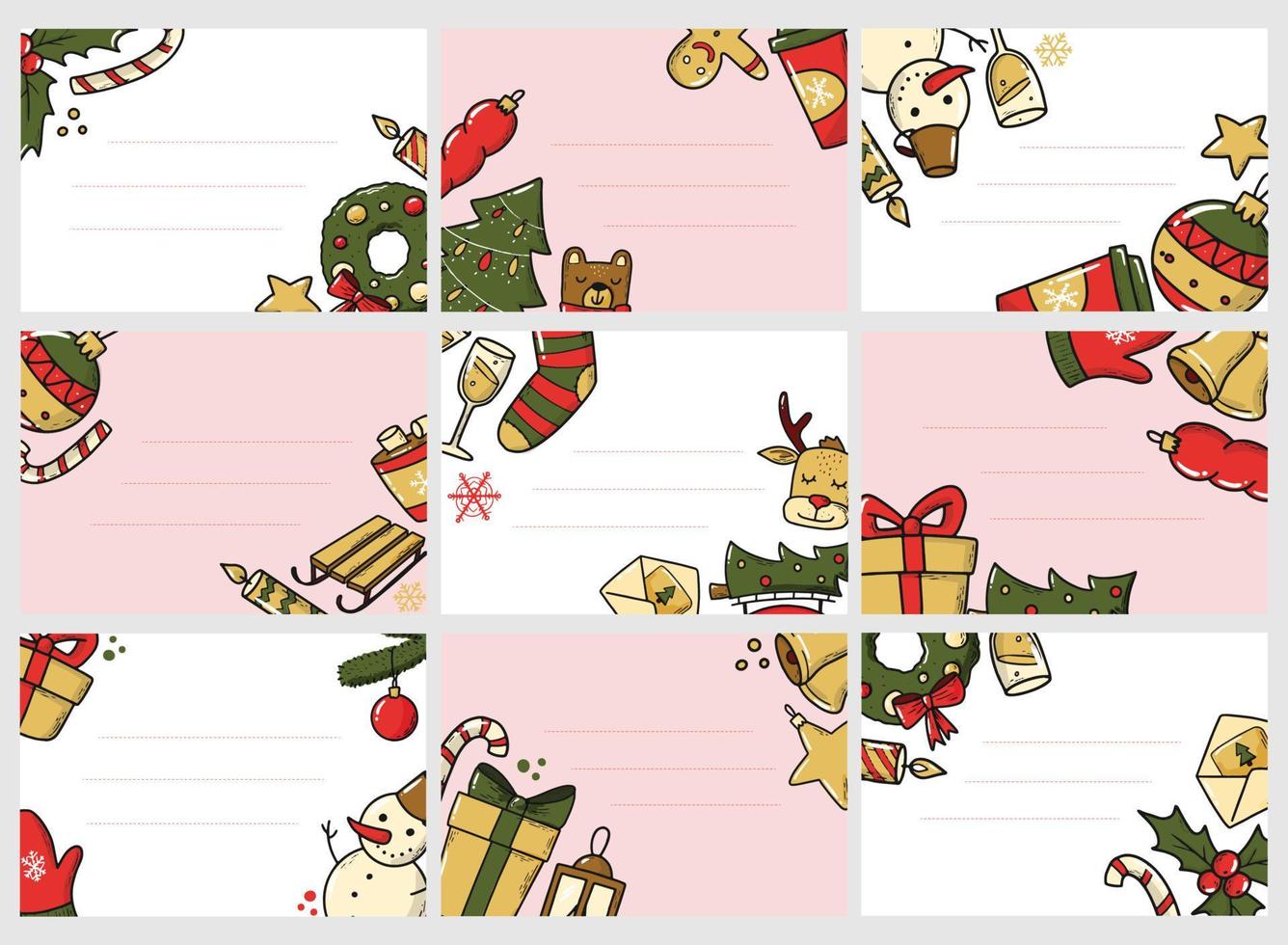 uppsättning juletiketter och etiketter dekorerade med doodles och kopieringsutrymme vektor
