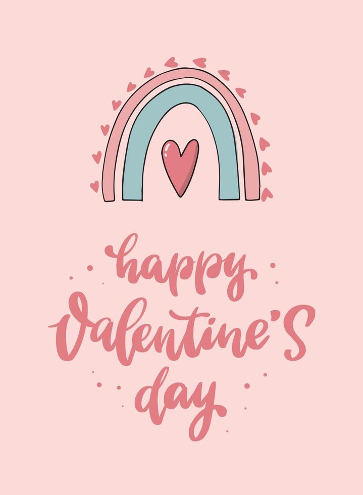 Happy Valentine's Day Kalligraphie-Zitat mit süßem Regenbogen für Poster, Karten, Drucke, Schilder, Einladungen usw. deocrtaed eps 10 vektor