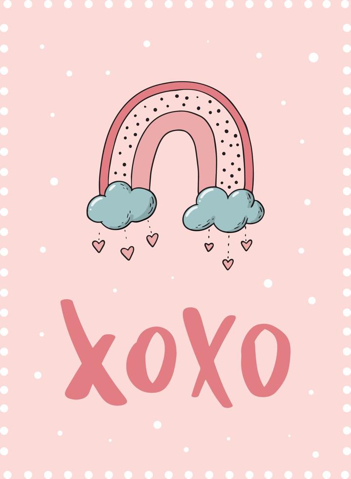 söt bokstäver citat xoxo dekorerad med regnbåge på rosa bakgrund. bra för affischer, alla hjärtans dag gratulationskort, inbjudningar, mallar, utskrifter, banderoller, etc. eps 10 vektor