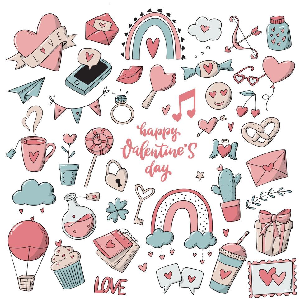 niedliche Reihe von Valentinstag kritzelt Cliparts isoliert auf weißem Hintergrund. Gut für Drucke, Aufkleber, Symbole, Etiketten, Tags, Schilder, Karten, Planer-Dekor und Scrapbooking. eps 10 vektor