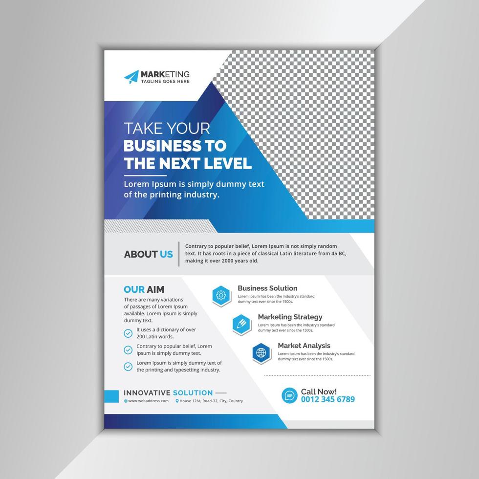 företagsföretags flyer broschyr mall kreativ unik design vektor layout för kontor, företag, event, marknadsföring och mångsidig användning med blå färgaccent