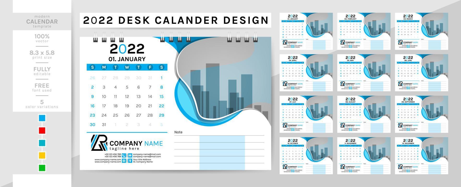 skrivbordskalender och mall för planeringsdagbok för år 2022. denna kreativa eleganta kalender är ett måste för ditt hem och kontor. Färgarbete med två teman, svart och andra. den 12-sidiga veckan börjar på söndag. vektor