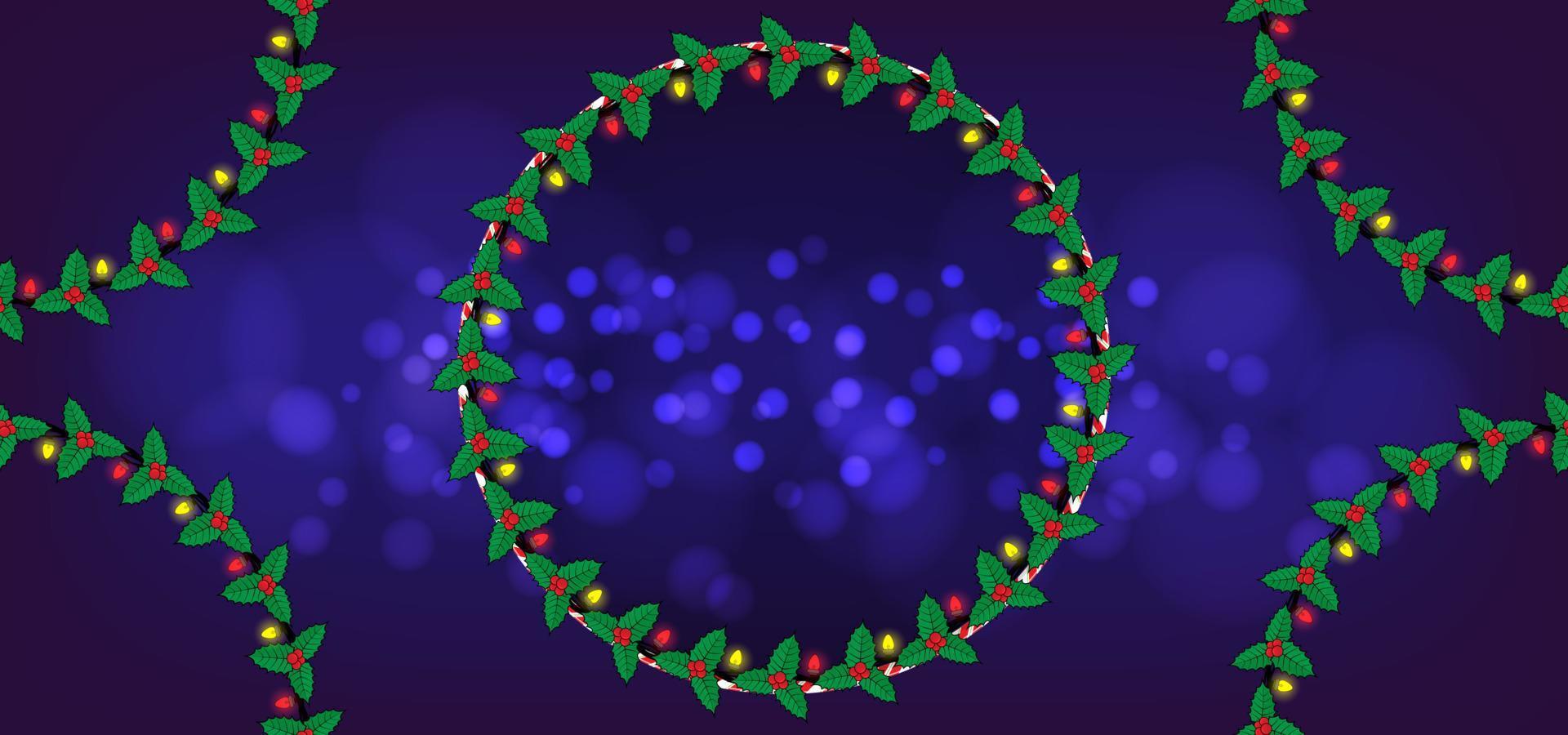 Weihnachtshintergrund mit blauem Bokeh-Licht und Weihnachtskranz, Lichtdekorationen, Süßigkeitenrahmen und goldenem Text. Vektor-Hintergrund vektor