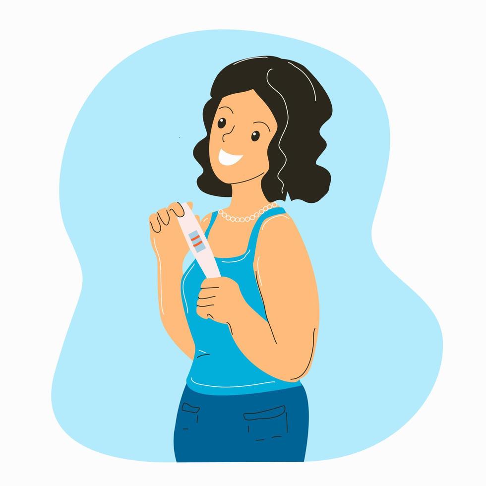 Eine Frau hält einen Schwangerschaftstest mit zwei Streifen und lächelt. vektor
