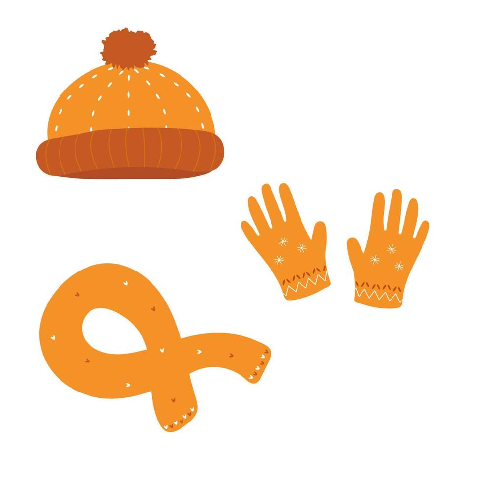 Mütze mit Bommel, Schal und Handschuhen. Herbst- oder Winterzubehör. flache Ikone der warmen Kleidung. Vektor-Illustration isoliert auf weißem Hintergrund vektor