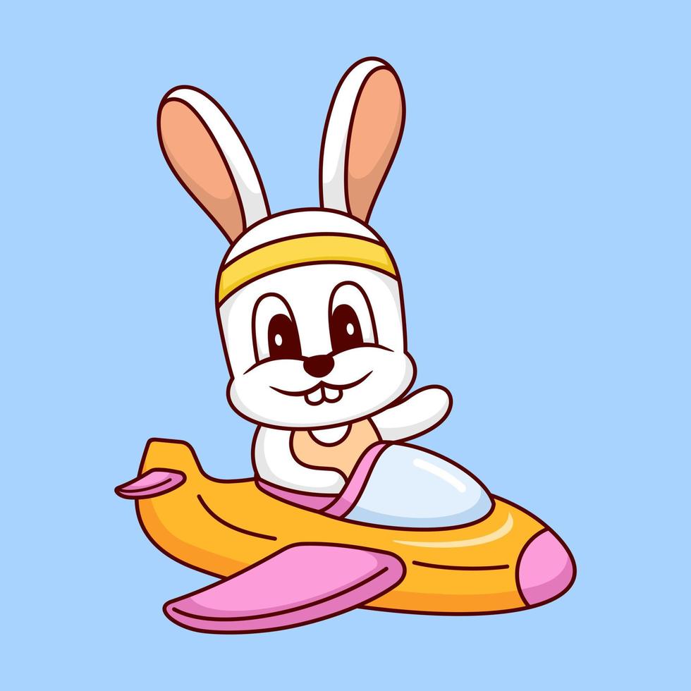 Süßes Kaninchen als Pilot, das Flugzeugkarikaturvektorikonenillustration fährt. Tiertransport Symbol Konzept isoliert Vektor. flacher Cartoon-Stil. vektor