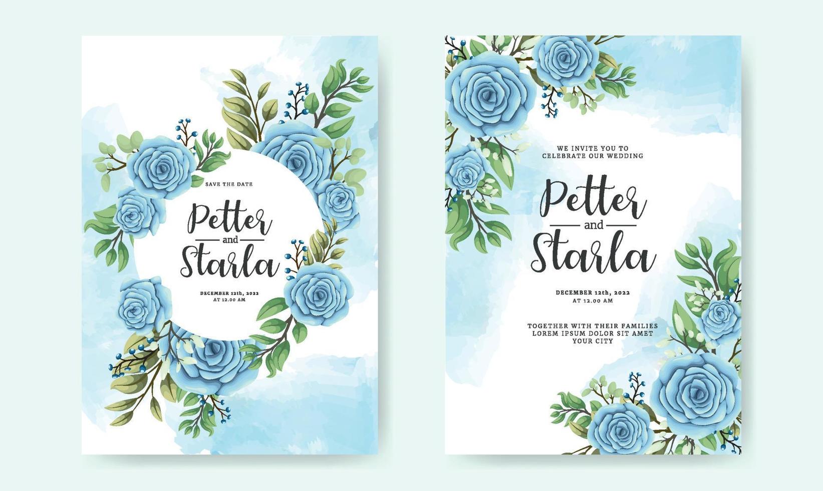 wunderschönes Hochzeitseinladungskartenset mit blauen Rosen vektor