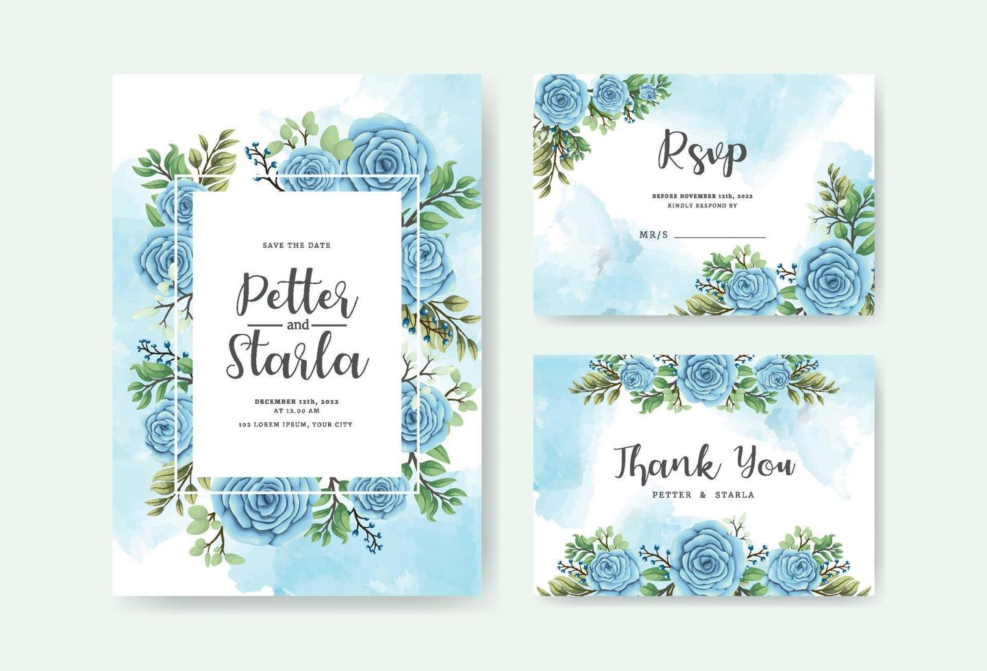vackert bröllopsinbjudningskort set med blå rosor vektor