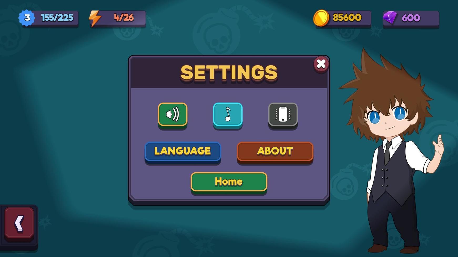Das Action-Spiel-UI-Kit enthält Menüs, Popups, Bildschirme und Spielelemente vektor