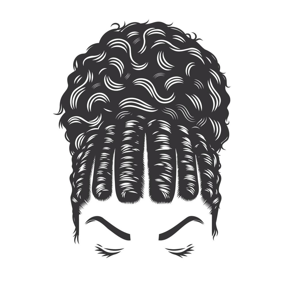 Frauengesicht mit Afro-natürlicher Frisur lockig flacher Twist-Brötchen-Vintage-Frisuren Vektorlinie Kunstillustration. vektor