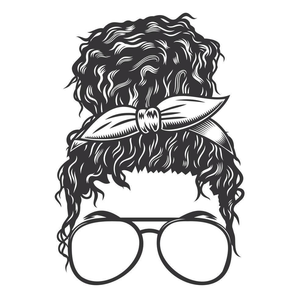 Frau Gesicht mit Afro unordentlich Brötchen mit Brille Vintage Frisuren Vektorlinie Kunstillustration. vektor