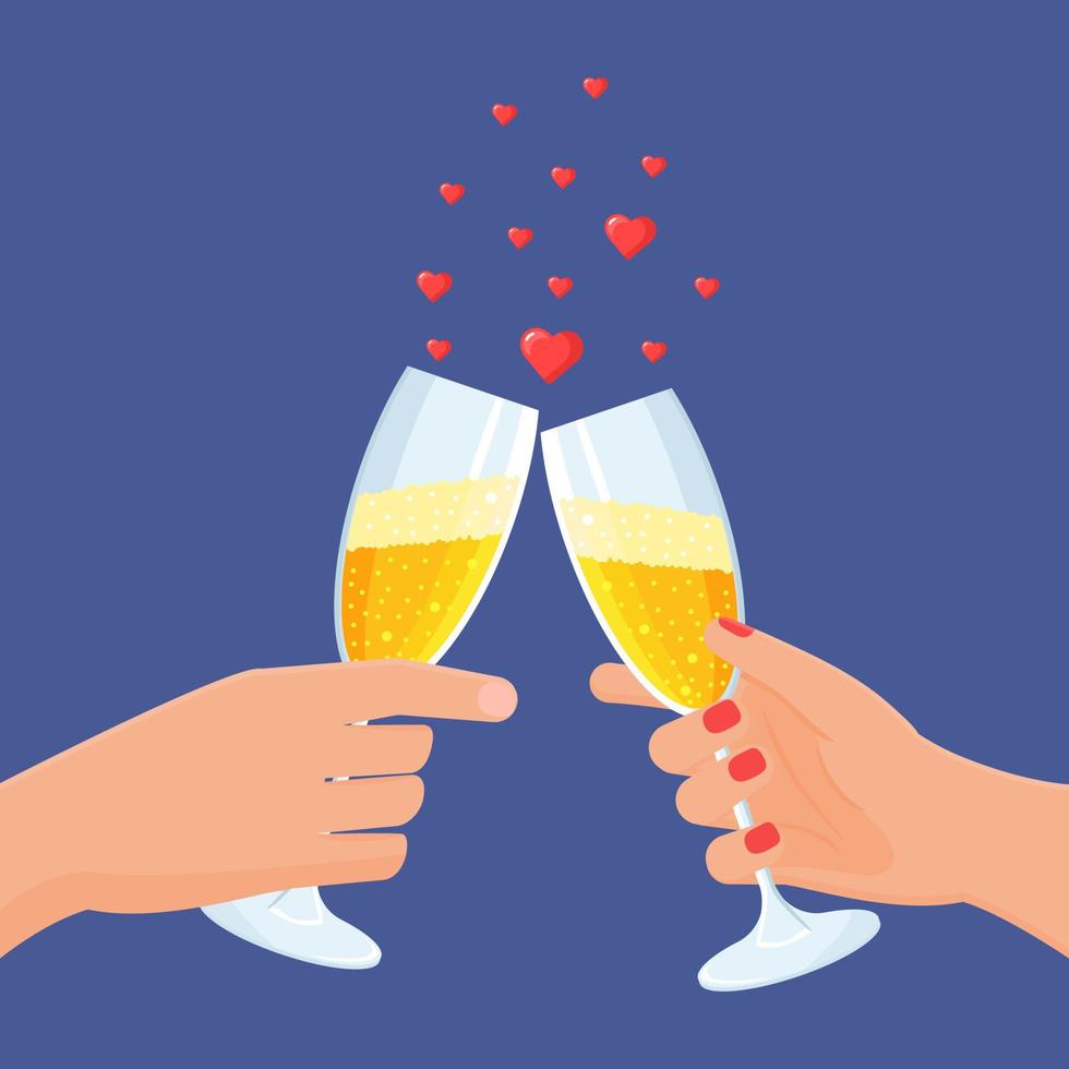 händer som håller glas med champagne. valentine firar koncept. festlig vektorillustration. vektor