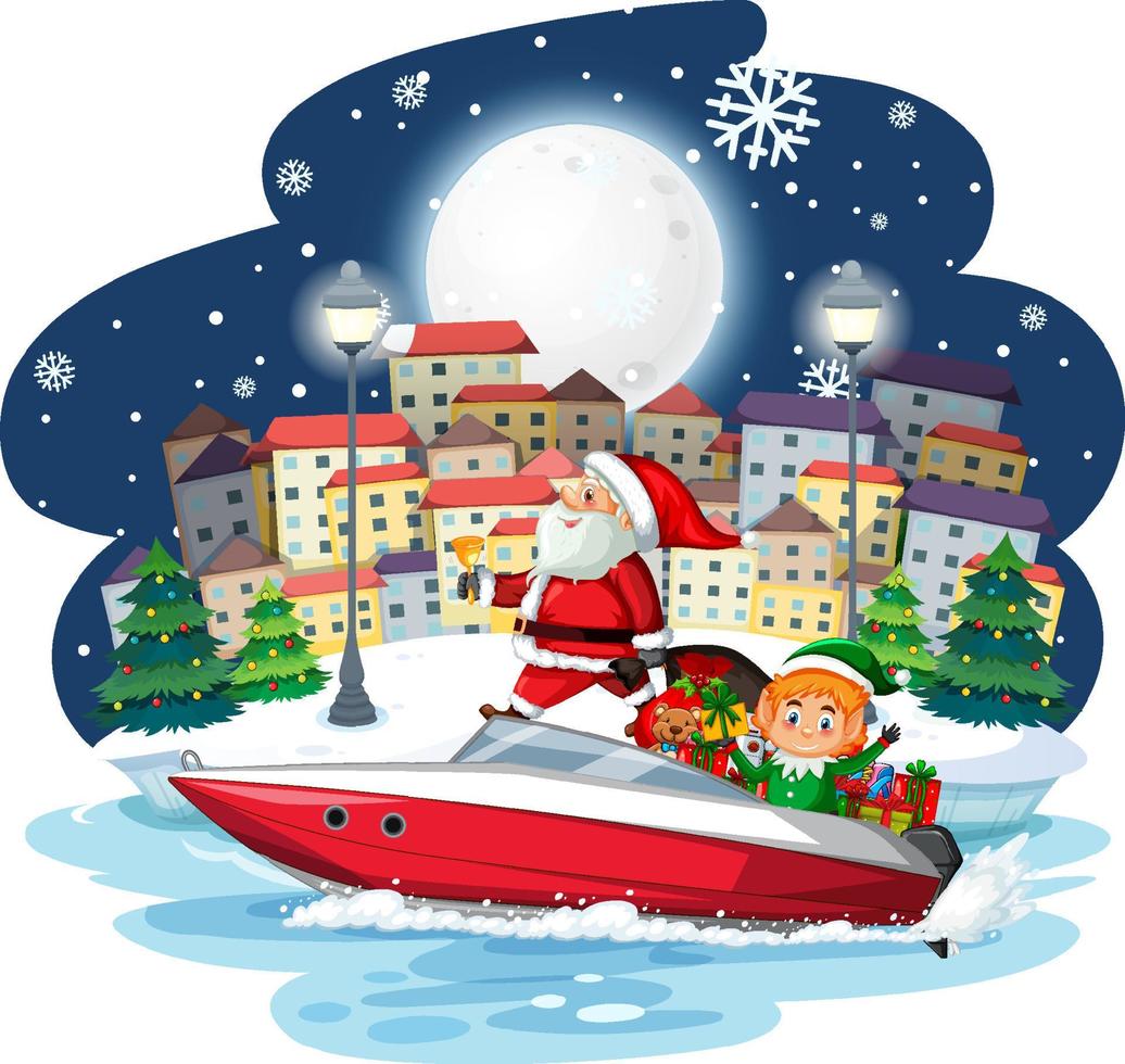 jultomten och tomtar på en motorbåt på snöig natt vektor