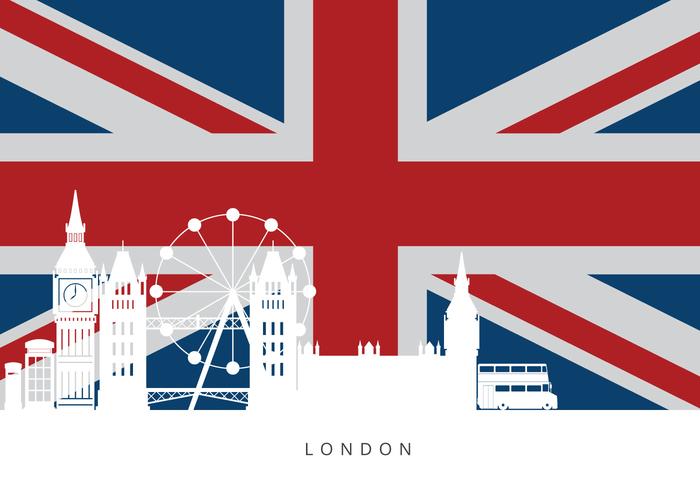 London City Skyline mit berühmten Gebäuden und England Flagge vektor