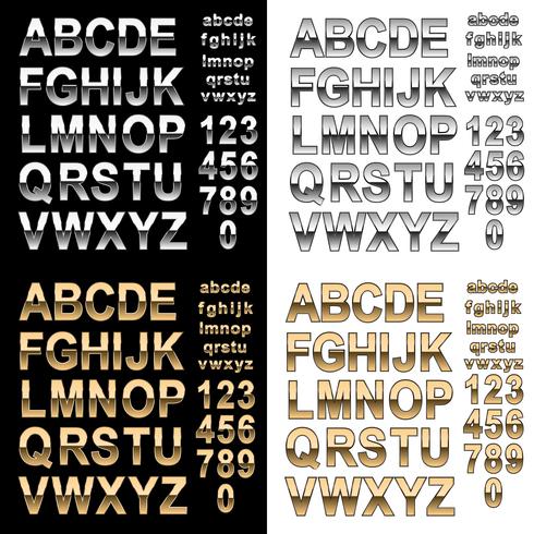 Krom och guld effekt alfabetet teckensnitt med bokstäver och siffror, vektor