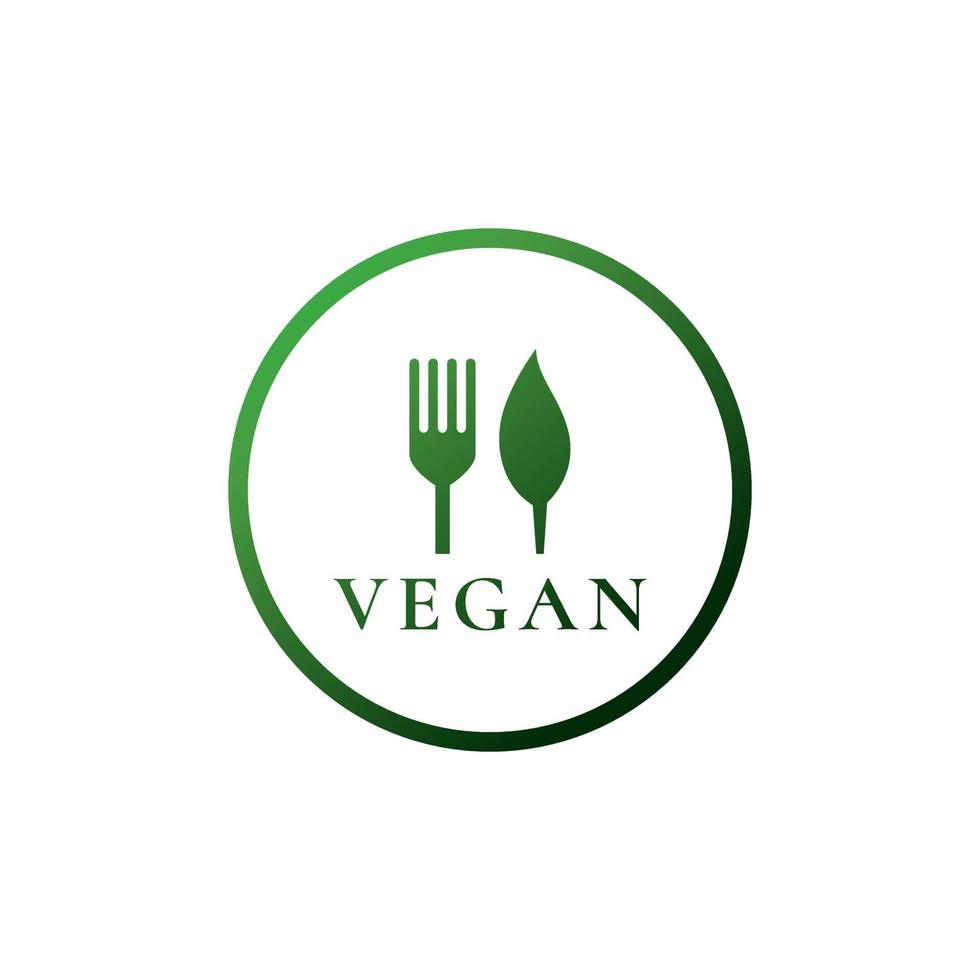 Veganes Logo-Design im Kreis mit Blatt- und Bestecksymbol, vegetarischer Tag. vektor