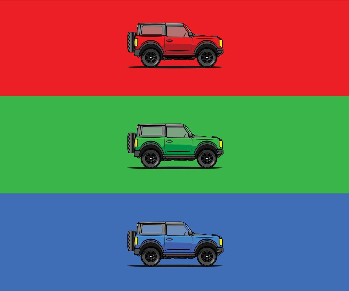 tre färger terrängbilar i platt stil vektor