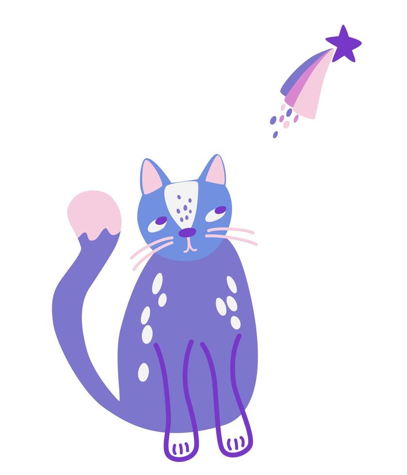 süße Katze sieht einen Stern an. Sternkomet. Cartoon-Tier-Charakter-Katze. verträumt. Kawaii-Tier. Vektorillustration für Babys, Kinder, Grußkarten, Druck, Plakatdesign. vektor