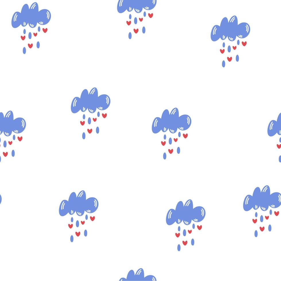 Wolken mit Tropfen und Herzen nahtlose Muster. bunte Herzen Regen. süßer nahtloser Hintergrund zum Valentinstag. Vektorillustration für Babys, Kinder, Grußkarten, Druck, Plakatdesign. vektor