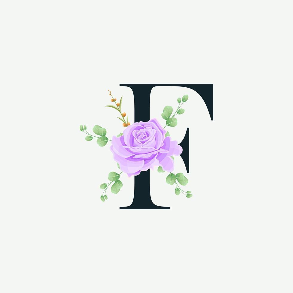 vackert f alfabet med blommig logotyp dekoration mall. lyx typsnitt med gröna blad emblem botaniska vektorillustration. vektor