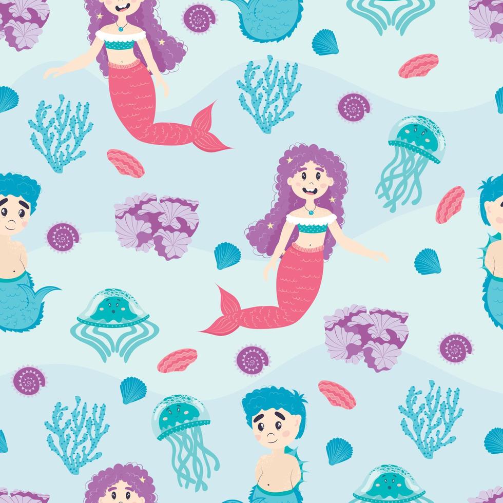 sömlösa mönster med tecknade små sjöjungfrur och vattensalamander, maneter, koraller, snäckskal, färgglada. fantastiska undervattensvärlden vektor