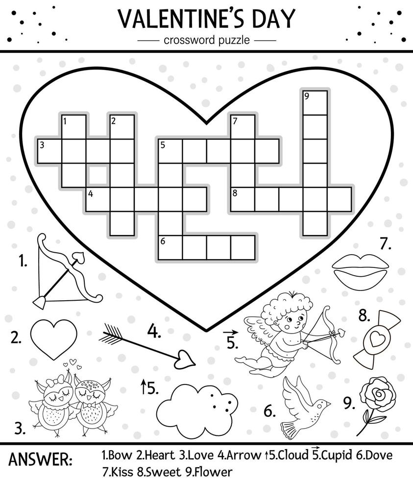 Vektor Valentinstag Schwarz-Weiß-Kreuzworträtsel für Kinder. einfaches herzförmiges Quiz mit Urlaubsobjekten oder Malvorlagen. Bildungsaktivität mit traditionellen Elementen und Liebesthema