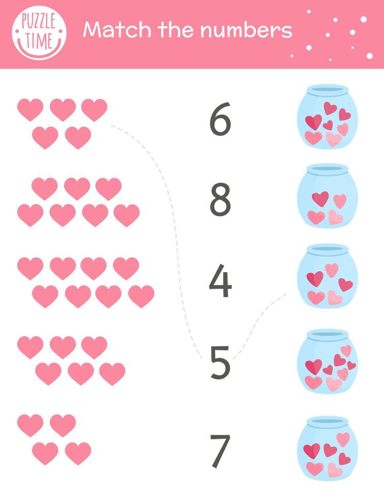 Valentinstag Matching-Spiel mit Herzen im Glas. Ferienmathematik für Kinder im Vorschulalter. pädagogisches, druckbares Zählarbeitsblatt zum Thema Liebe mit süßen lustigen Elementen für Kinder vektor