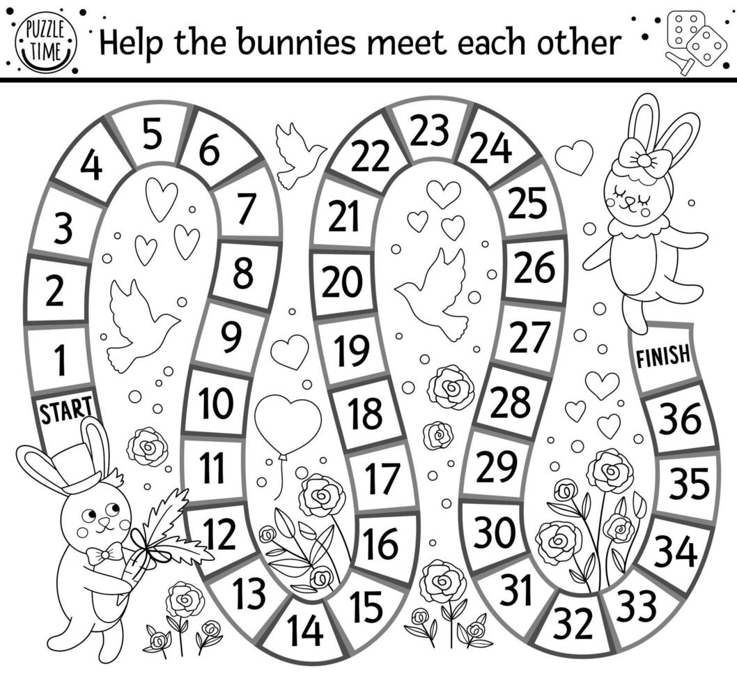 Valentinstag Schwarz-Weiß-Brettspiel für Kinder mit Hasen. pädagogisches Feiertagsbrettspiel oder Malseite mit niedlichen Kaninchen und Blumen. romantische aktivität mit liebesthema. vektor
