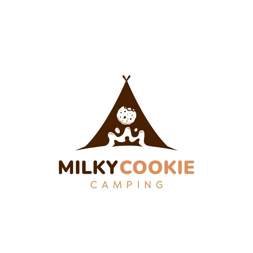 Milch und Kekse, milchige Kekse Camping Club Logo Symbol Symbol Vektor mit dunkelbrauner Schokoladenzelt Illustration