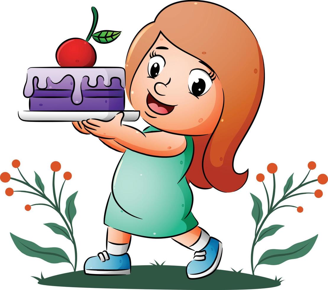 das Mädchen hält und zeigt den Kuchen mit der Sahne und einer großen Kirsche vektor