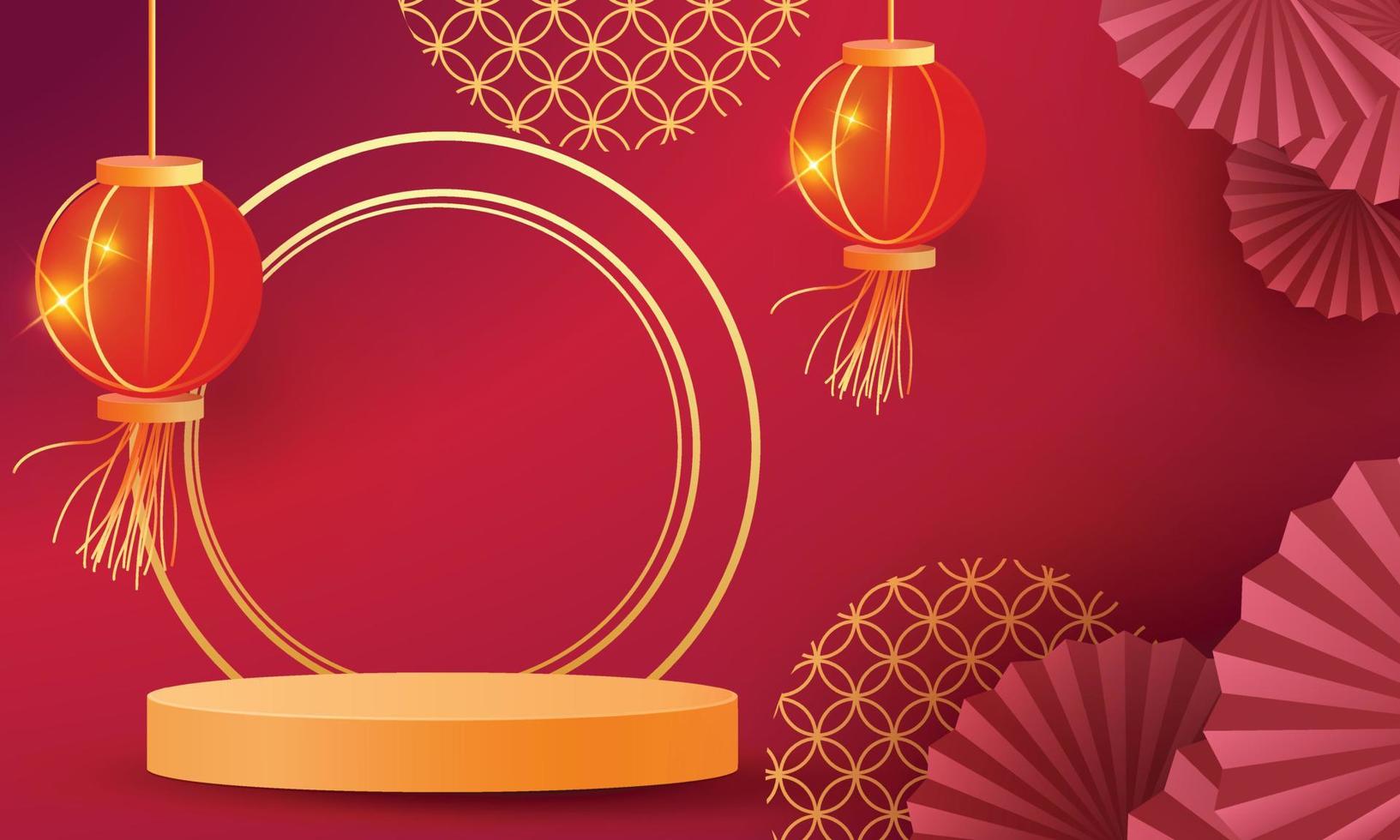 Podium Runde Bühne und Papierkunst Chinesisches Neujahr, Happy Festival Chinesische Tradition Podium für Beauty Branding Kosmetik oder jedes Produkt. Konzept Einkaufen. vektor