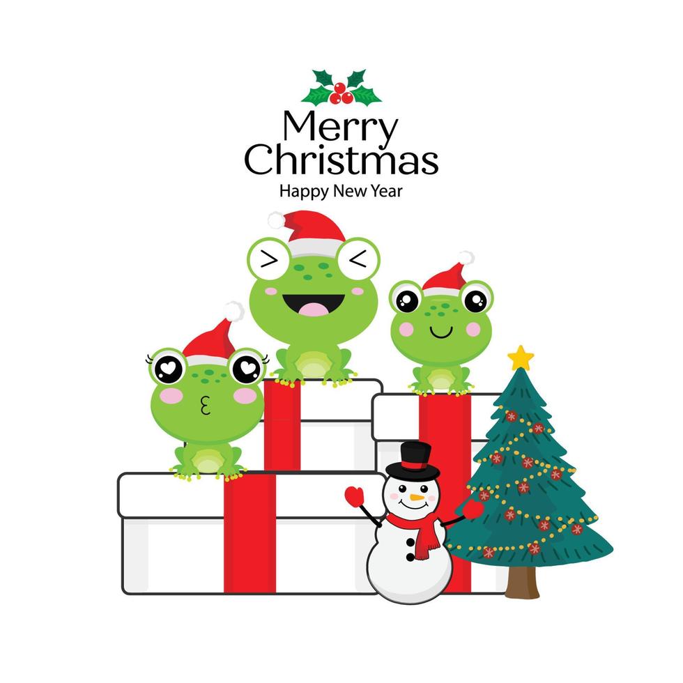 Frohe Weihnachtskarte mit süßem Frosch mit Weihnachtsmann-Hut. vektor