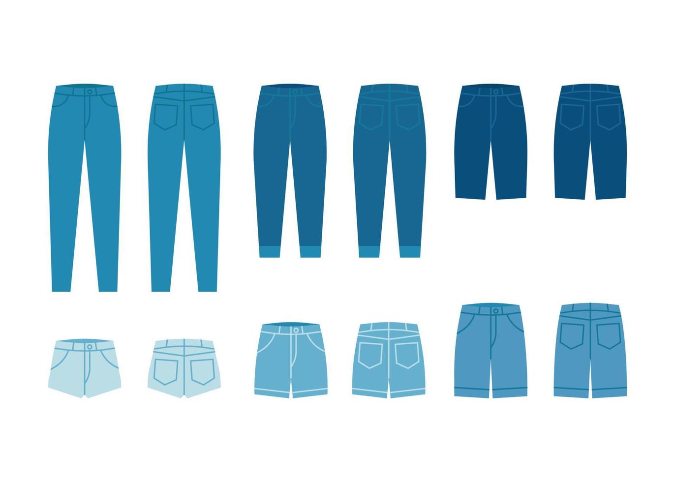 Jeanshosen und Shorts, blaue Jeanshosen mit Taschen. Stoffhosenmodell mit Vorder- und Rückansicht. flache Vektorgrafik vektor